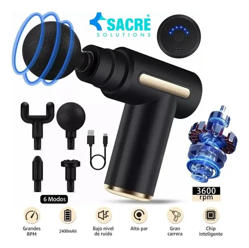 Pistola Masajeadora Masajes Muscular Eléctrica 6 Velocidades 4 Diferentes Cabezas De Masaje Color Negro Sacre Solutions