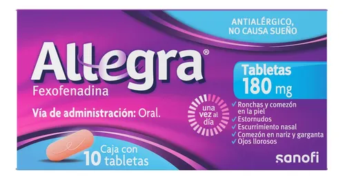 Allegra Antihistamínico para Alergias Severas y Urticaria 10 tabletas x 180 mg. Controla las Alergias Agraviadas por Contaminación. No Causa Sueño