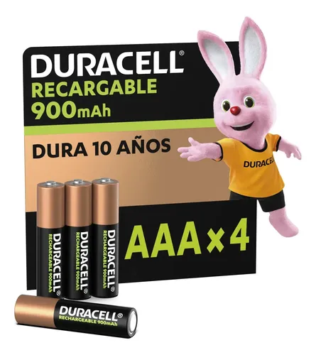Duracell Pilas AAA Recargables 900mAh NiMH, Pack de 4 pilas