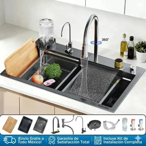 Tarja Fregadero De Cocina De Acero Inoxidable 80*45cm Negro，tarja de acero inoxidable，Incluye una tabla de cortar, un lavavasos y un recipiente para lavar verduras.
