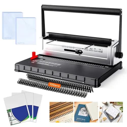 Engargoladora Espiral Metal De 34 Agujeros, Perforadora Hojas Engargolado Para Tamaño Carta, A4 Y A5 Capacidad Para 120 Hojas Y Margen Lateral Ajustable, Con 100 Anillo Metal Y Pvc Y 20 Pastas A4