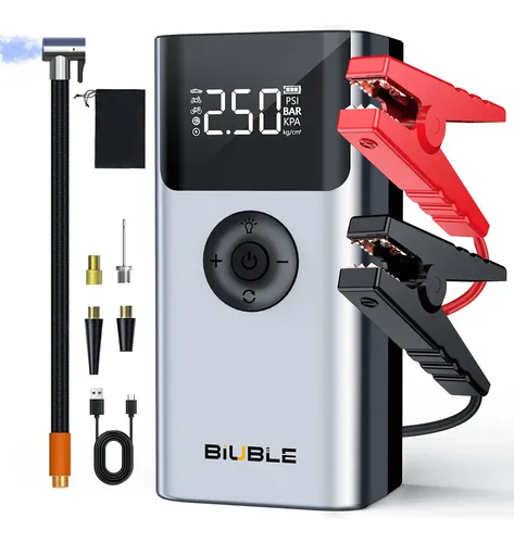 Arrancador de Batería de Carro 7500A BIUBLE ML418 Portátil Inflador Inteligente 150psi, Powerbank Con Pantalla Digital y Linterna LED, Para Auto/Moto/Camioneta/Bolas (Color Plateado)