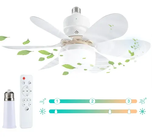 Ventilador de techo E27 85-265V 42cm con luz, incluye extensor y control remoto avanzado, brillo 3000K-6500K/regulable, 3 velocidades de viento, silencioso, adecuado para sala de estar, dormitorio