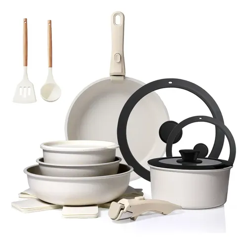 Batería de Cocina BIUBLE 19 Piezas Ollas y Sartenes Antiadherente De Cerámica Aluminio Fundido Compatible Con Inducción y Gas, Color Beige