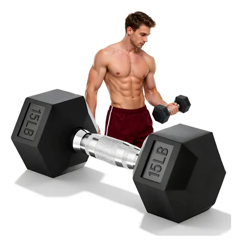 Mancuerna Garselay 15lb Hexagonal Caucho 6.8kg Pesa Gimnasio Negro