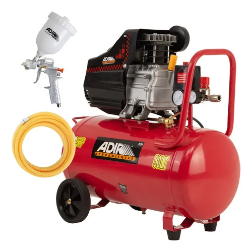 Kit Compresor 3.5hp 50 Lts Manguera Y Pistola De Gravedad Adir 2040k 115psi Color Rojo