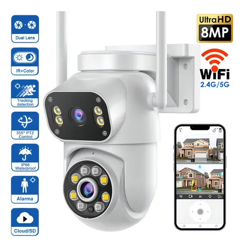 Cámara Vigilancia Exterior MVPsmart DQ8 360° PTZ WiFi 8MP Full HD - Alarma Sonora/Luz, Detección Movimiento，Visión Nocturna IP66, 10X Zoom, 2 Vías Audio, SD/Almacenamiento Nube,Instalación Súper Fácil