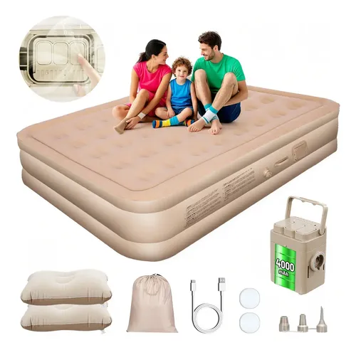FURRIFIC® Colchón inflable Queen Bomba De Aire Recargable+ Almohadas* 2,4000mAh Battery Recargable Aire Bomba, 203* 152* 40 cm
