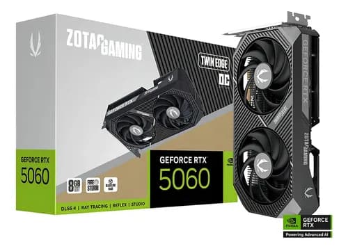 Tarjeta de Video ZOTAC GAMING GeForce RTX 5060 Twin Edge OC 8GB GDDR7 ZT-B50600H-10M 2 Fan DLSS 4 PCI Express 5.0 600 AI TOPS 448 GB/s Ancho Banda