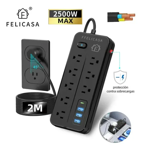 F Felicasa 2 Metros Multicontactos Usb 2500w Con 8 Salidas+3 Usb+1 Tipo C 10a 110v-220v Cable De Cobre Para Electrica Extension Uso Rudo Resistente Al Fuego Protección Contra Sobrecargas Color Negro