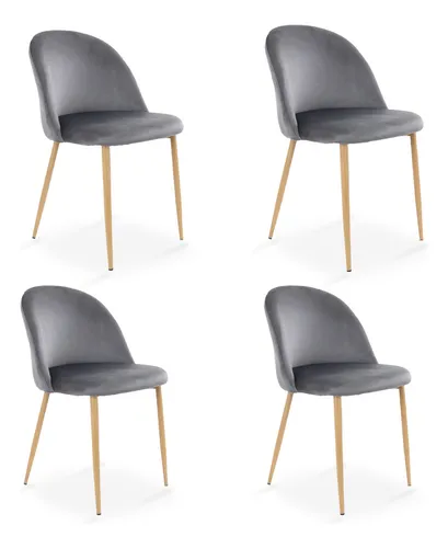 Sillas De Comedor Acolchada Tapizada En Terciopelo Set 4 Pz Estructura De La Silla Madera Asiento Gris Oxford