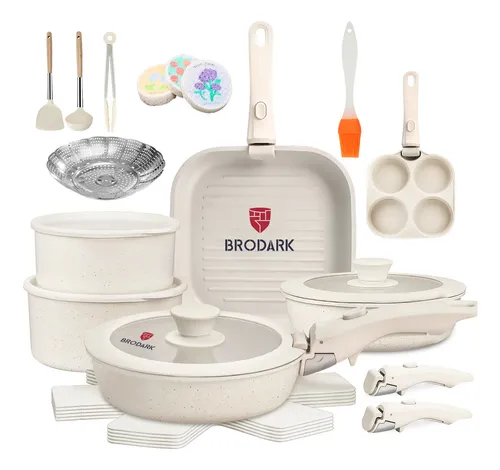 Brodark 25 Piezas Juego De Sartenes Antiadherentes Batería De Cocina Ollas Antiadherentes Sartenes Wok Gruesa, Para Induccion Horno Y Gas, Con Vaporeras Mangos Desmontables Y Tapas De Vidrio Blanco