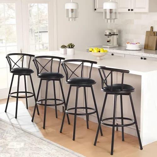 GOMYHOME Juego de 2 Bancos de Barra Giratorios con Respaldo y Reposapiés, Acero Negro y Asiento de Cuero Sintético Negro - Estilo Retro y Elegante