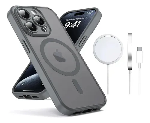 Funda Case Para iPhone Gris Con Magsafe + Cargador Inalambrico Uso Rudo Antideslizante Mate Translúcido A Prueba De Golpes Para iPhone 14 Pro Max Zacateq