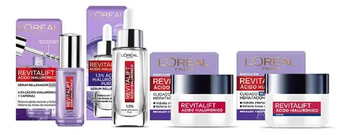Kit L'Oréal Paris Revitalift Ácido Hialurónico: Sérum facial + Sérum Ojos + Crema Hidratante de Día + Crema Hidratante de Noche 4pzs.