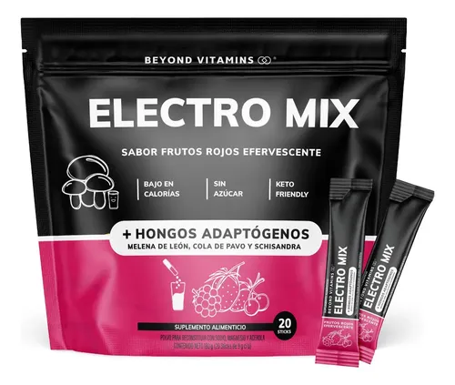 Electrolitos Con Hongos Adaptogenos en Polvo - Nootropico - Energetizante - Hidratación Baja En Calorías, Apto Dieta Keto | Rehidratación - 20 Sticks Individuales - Hidratante Frutos Rojos Efervecente