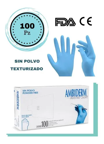 Guantes Ambiderm Soft Nitrilo Desechables Color Azul 100 Pz Con Polvo No Talla Grande
