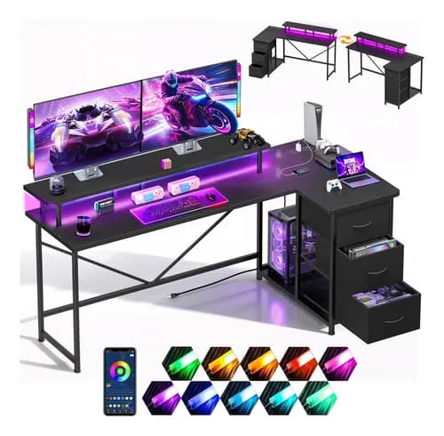 Furrific® 140cm*80cm*80cm Type L Escritorio Gamer, Escritorio minimalista, Escritorio Esquinero, Escritorio Para Viene Con Cajón De Tela, Regleta, Regleta De Luz Y Soporte Para Monitor (negro)