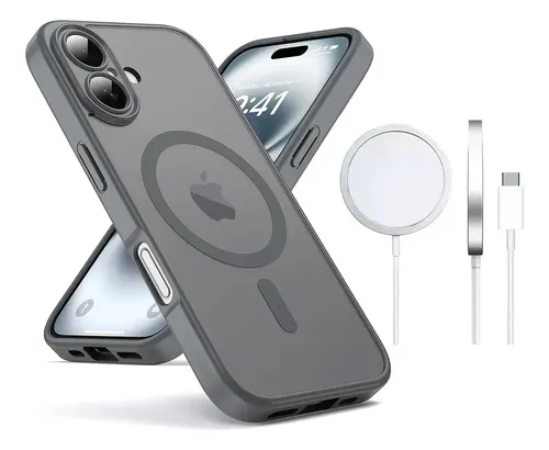 Funda Case Para iPhone Gris Con Magsafe + Cargador Inalambrico Uso Rudo Antideslizante Mate Translúcido A Prueba De Golpes Para iPhone 16 Plus Zacateq