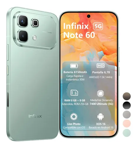Celular Infinix Note 60 5G 16GB RAM: 8GB+8GB Extendible 256GB ROM, 6,78'' AMOLED 144Hz 1.5K, 6150mAh 30W Inalámbrica 45W Carga Rápida, Ai Smartphone Dual SIM, Cámara 50MP+13MP Live Photo, Fizz Azul