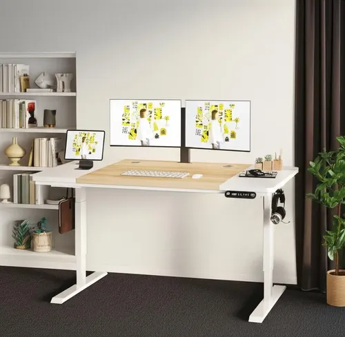 Escritorio Ajustable Altura Electrico Minimalista Heonam A63T mdf de 160cm x 69cm x 76cm Marrón Claro y Blanco