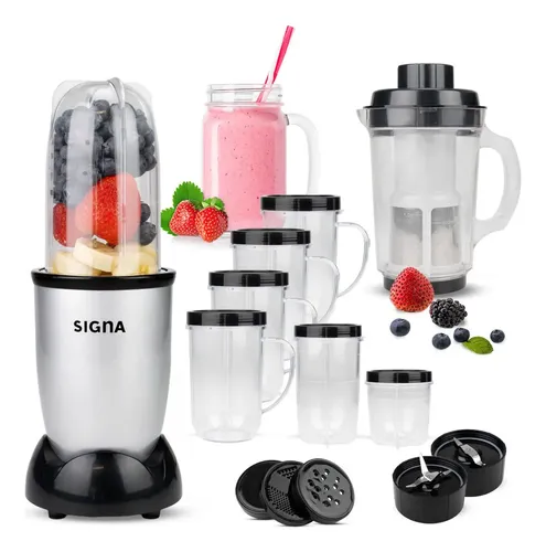Licuadora Profesional 21 Pzas Procesador De Alimentos Potente Personal Batidos Frappe Licuados Blender Incluye Accesorios Signa 1.2lt Color Plateado