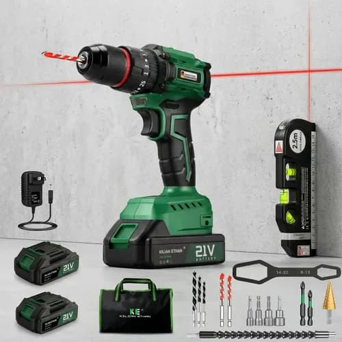 Taladro Percutor Brushless 21V 1/2 + Nivel Láser Kit Instalación Precisa | 2 Baterías | Taladro Profesional Carpintería Concreto Madera | Compatible con Makita 18V | KILIAN ETHAN