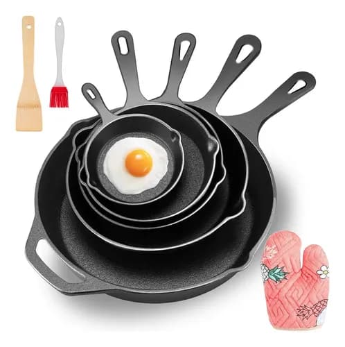 Sartén De Hierro Fundido Antiadherente Set De Sartenes 5 Pcs BUYIO Multifuncional Sartén Para Freír, 5 Pieces Chef Set Con Asas- 10cm, 14cm, 16cm, 20cm, 26cm Para Uso En Interiores Y Exteriores