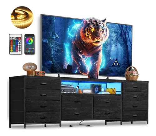 FURRIFIC Mueble De Tv Moderno, Para Televisores 55-75 Pulgada Con 12 Cajones Y Tira Luz Rgb, Mesa Para Tv De 2 Niveles Con Estantes Abiertos,centro De Entretenimiento Para Televisión