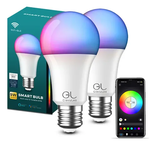 GIEVULEO 2 Focos Wifi Inteligentes Led Rgb 9w Alexa Google Home Solo 2.4G wifiBombilla Led E27 Control Por Voz Multicolor Brillo Ajustable Temporizador Focos Bluetooth