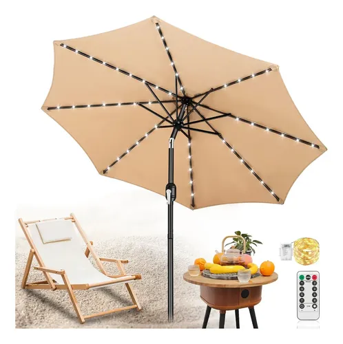 Ywctty Sombrillas Para Jardin Y Playa 2.3m/7.5ft Exterior Plegable Inclinación Con Luz Y Mando A Distancia, 108 Luces Led,8 Varillas De Hierro,protección Solar,impermeable, Sin Base Incluida