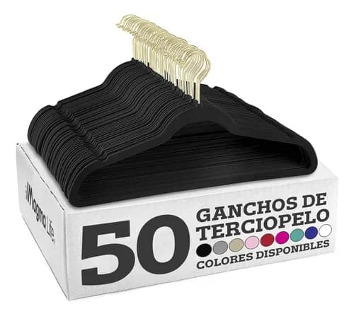 Magma Life 50 Ganchos para Ropa de Terciopelo, Gancho Dorado Giratorio de 360 Grados, Adecuado para Todo Tipo de Ropa, Antideslizante (Negro)