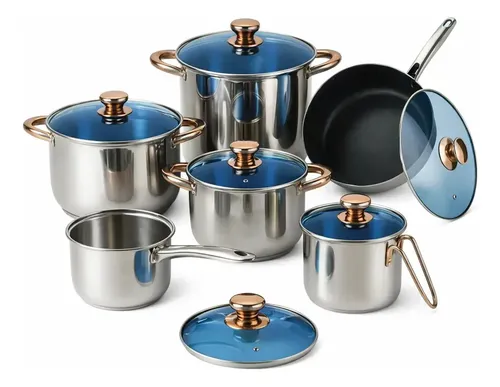 Batería de Cocina Kitchenes Juego de 12 Piezas, Set de Ollas de Acero Inoxidable Premium Color Azul, Tapas de Vidrio Templado, Fondo Térmico de 3 Capas, Sartén Antiadherente Para Todo Tipo de Estufas