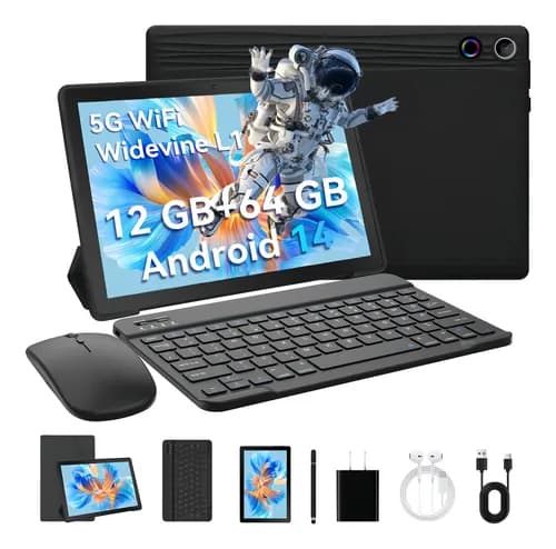 Tablet Hyjoy 10.1" 12gb+64gb Wifi 6 Tf(max 1t) Color Negro Android 14 Con Funda Mouse Teclado lapiz, 5MP / 8MP + Altavoces Dual-Box