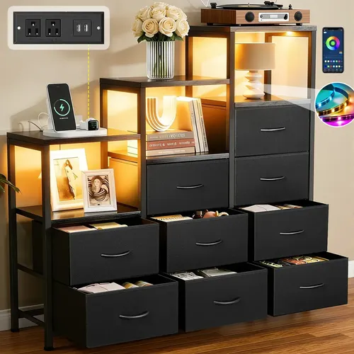 Safonus Armario Con 9 cajoneras,120*124*30CM,Mueble De Almacenaje Multifuncional/Cajonera Ropa,Cómoda Con Cajone De Tela LED RGB Y Estación De Carga Cómodas Y Cajoneras,Marco De Metal Resistente
