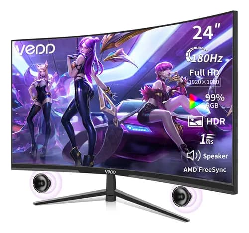 Monitor Gamer Curvo 24 Pulgadas Vedd 180Hz 1ms Full HD FreeSync Altavoces Integrados HDMI DP para PC Xbox PS4 PS5