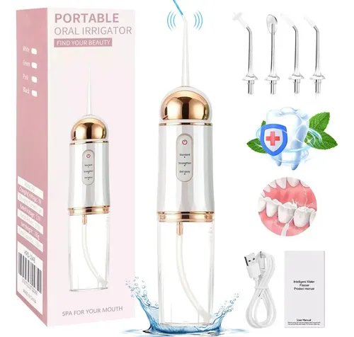 Irrigador Bucal Dental De Dientes Eléctrico Y Recargable Vanance® Portatil Irrigador Bucal limpiador De Dientes A Presion De Agua Con 4 Boquillas 3 Modos IPx7 Impermeable Blanco