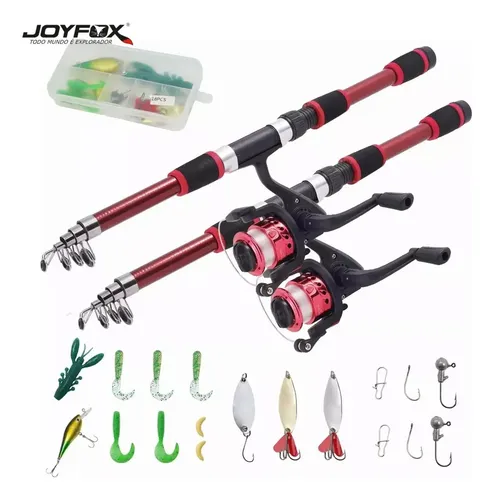 Cañas de Pescar Telescópicas 2 Piezas + 2 Carretes Joyfox - Portátil para Viaje, Ideal para Principiantes y Niños (Negro/Rojo)