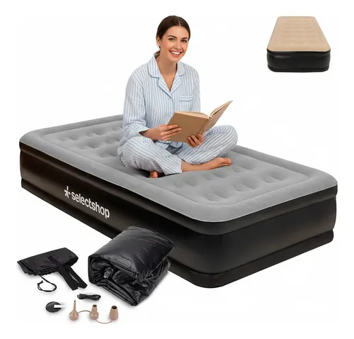 Colchón Inflable Individual + Bomba Inflable Cama Resistente Color Gris Selectshop