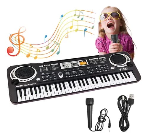 Piano Teclado Musical Para Niños Micrófono 61 Teclas Con Micrófono Y Recargable Por Usb, Rovtop Portátil Piano Digital Teclado Para Niños Para Principiantes Piano De Juguete Musical, Negro