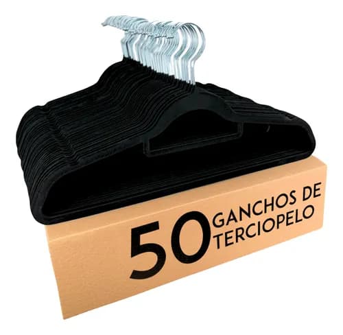 Set 50 Ganchos Terciopelo Para Ropa Antideslizantes Premium Color Negro