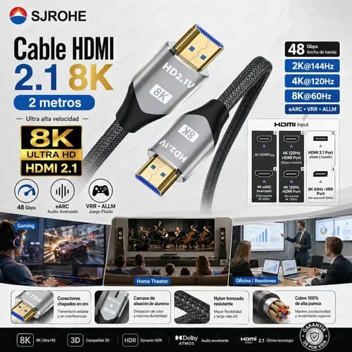 Sjrohe 2 Metros Cable Hdmi 2.1 Hdmi 2.0 2k 144hz 4k Cable Hdmi Para Tv Ultra Hd 48 gbps Full Vídeo 4k 120hz 8k 60hz Entrada Hdmi Conector Hdmi Para Ps5 Xbox Laptop Tv Computadora Muy Resistente