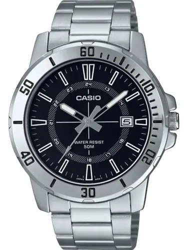 Reloj Casio Mtpvd01 1c Hombre Acero Inoxidable Fechador Correa Plateado Bisel Plateado Fondo Negro