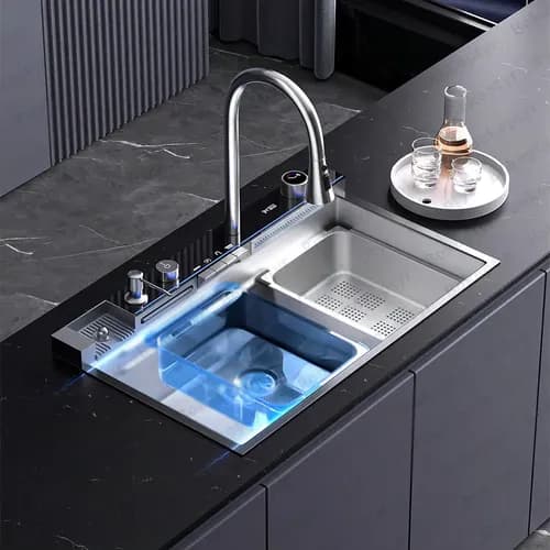 Fregadero Cocina Cascada Tarja Acero Inoxidable Organizador 80*45*21cm Bokoptyr Tres modos de chorro de agua Aplicación de múltiples escenarios Accesorios completos Plateado con Grifo LED y Pantalla