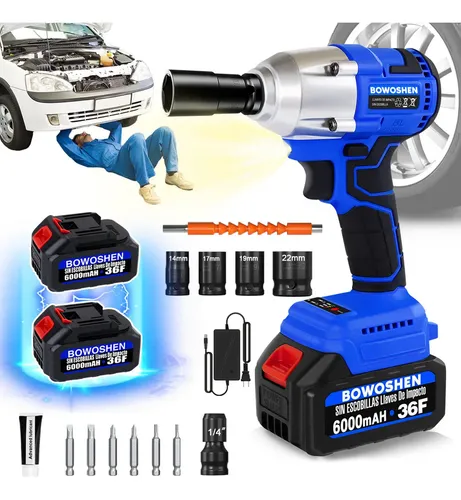 Pistola Llave De Impacto Con Motor Sin Escobillas BOWOSHEN Taladro Eléctrico Atornillador Inalámbrico Con 2 Baterías de Litio de 6000mah, Cargador Rápido, 4 Dados Y 6 Tornillos Para Trabajos Pesados