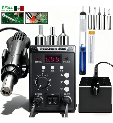 REXQualis Estación de Soldadura 2 en 1 RQ-8586, Pantalla LCD Digital, Pistola de Calor y Cautín, Negro, 600 W
