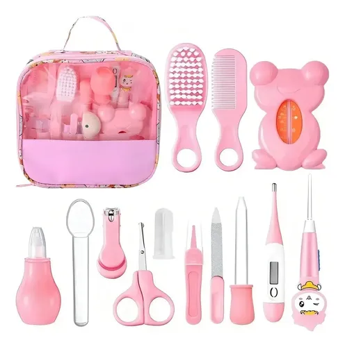 VAKRNY Kit De Higiene Profesional Para Bebés 13 Piezas - Incluye Termómetro Digital, Cortaúñas De Seguridad, Cepillo Suave, Peine Y Estuche Portátil - Ideal Para Recién Nacidos - Color Rosa Pastel