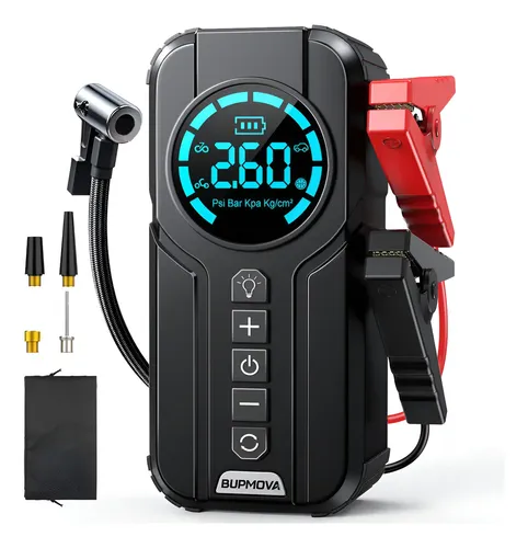 Arrancador de Batería de Auto BUPMOVA + Compresor de Aire Portátil 150PSI, Inflador con Pantalla Digital, Powerbank, Linterna LED Flash, Color Negro
