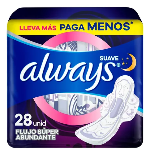 Toallas Femeninas Always Suave Nocturna, 3X Protección: Absorbe, Retiene, Distribuye, 28 Unidades