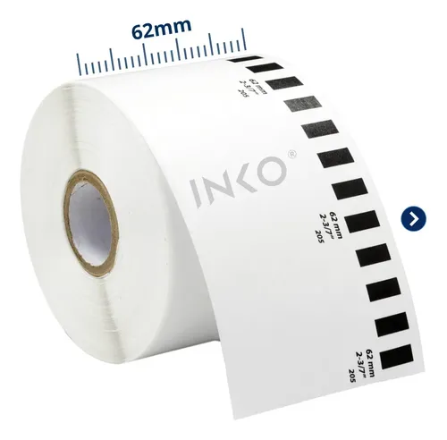 10 Rollos Etiquetas DK2205 INKO compatible con Brother Ql700 Ql800 62mm 30 Mts Color Blanco INKO